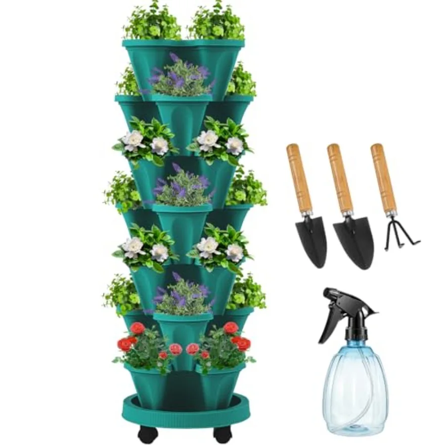 

1 Set Dark Green 7 Tier Vertical Planter Stackable Tower Planters for Strawberry Herb Flower and Vegetable Pots Indoor Outdoor