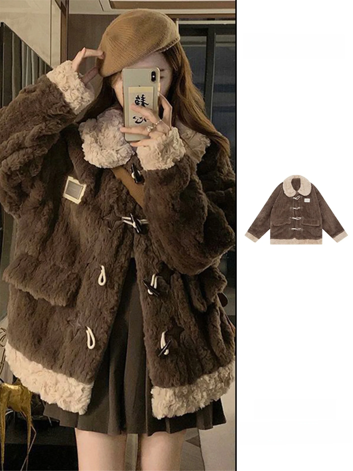 

Retro Button-Up Thiened Lamb Fur Jaet Women's Autumn Winter New Sle Loose Faionable Age-Defng Plu Top
