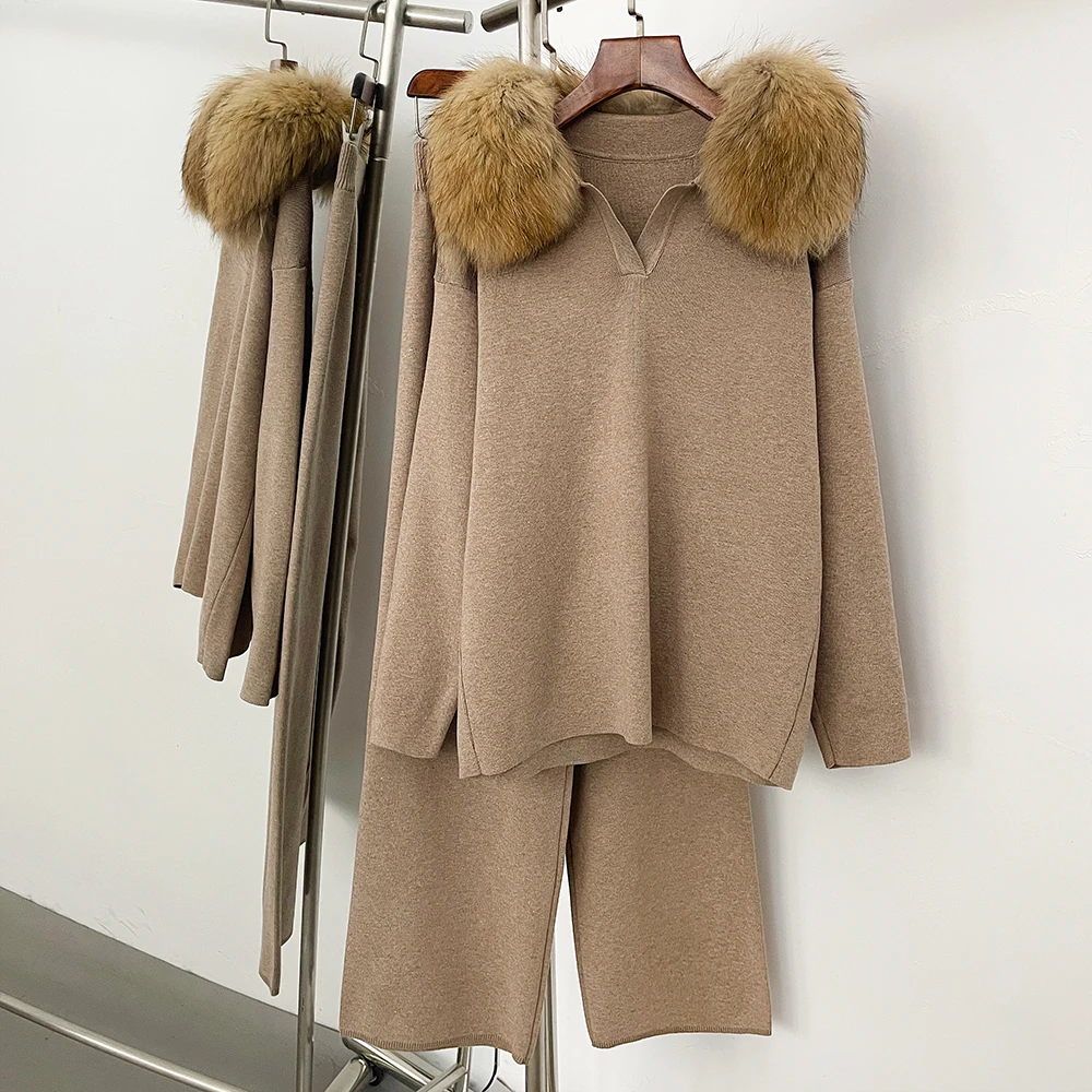 Reality Fur Jacket Pullover Set Woman Spring Knitted Suit Knitwear Female Real Fox Fur Collar Sweater Lady Autumn Knitted New