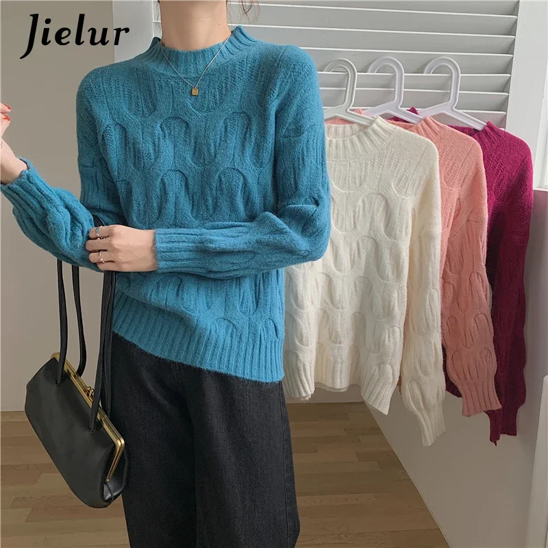 Jielur New Korean Style Winter White Knitted Sweaters Women All-match Pullover Pure Color Fashion Sweater Casual Knitwear Jumper