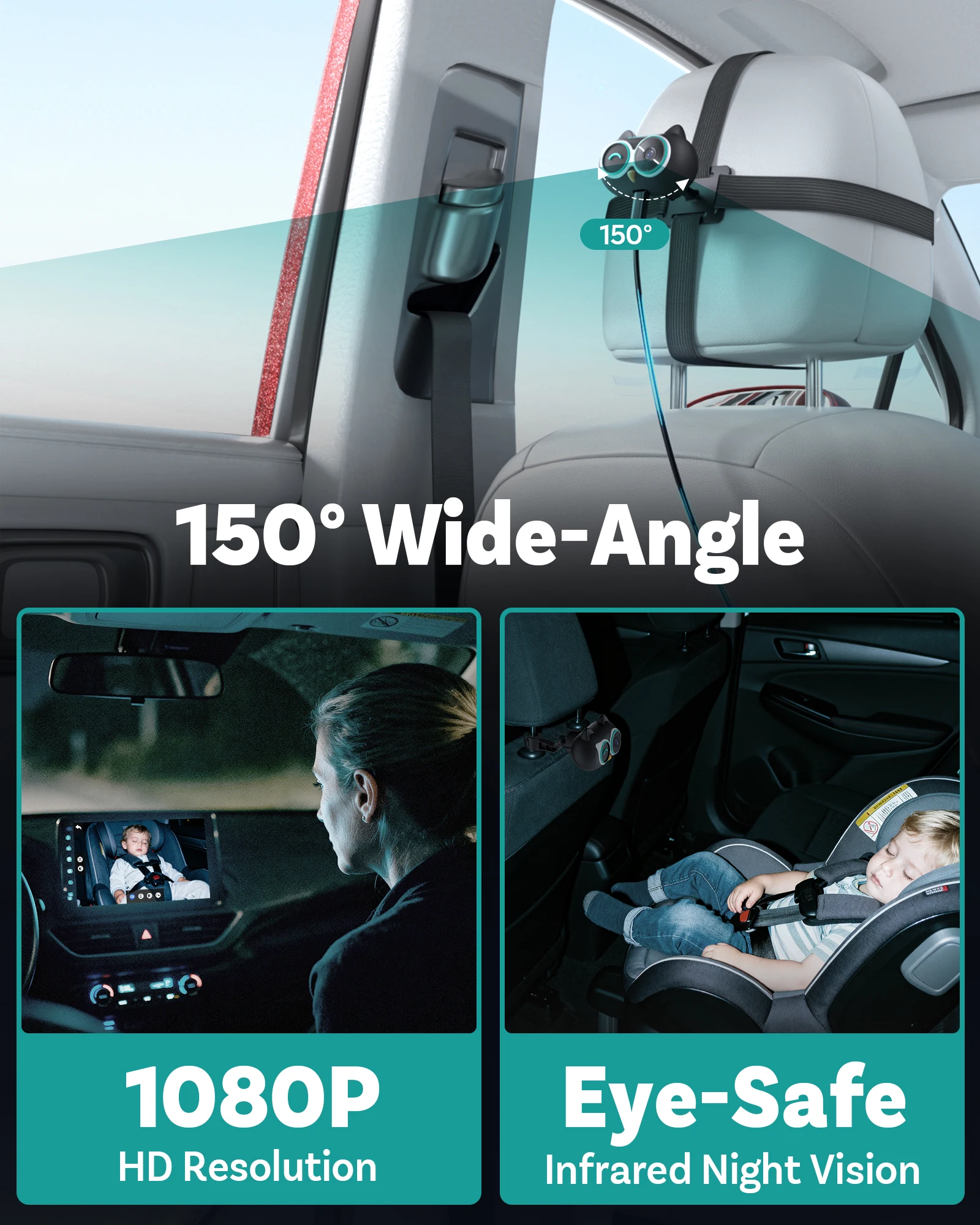 OTTOCAST Cabine Care Draadloze CarPlay-adapter Babycamera 1080P HD 150 °   Groothoekweergave Nachtzicht Real-time monitor voor achterbank