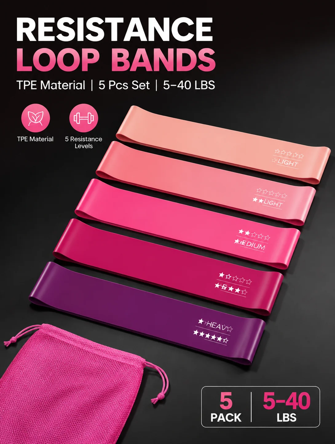 TPE Resistance Bands 5 Pack Yoga Stretch Bands for Hip Training Squat Dance Workout Pull Up