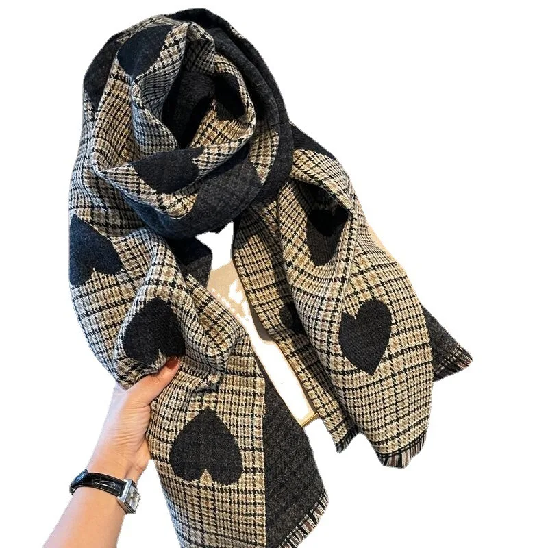 New Women\'s Autumn/Winter Style Women\'s Double Sided Large Love Grid Warm and Cold Proof Scarf Fashionable and Versatile