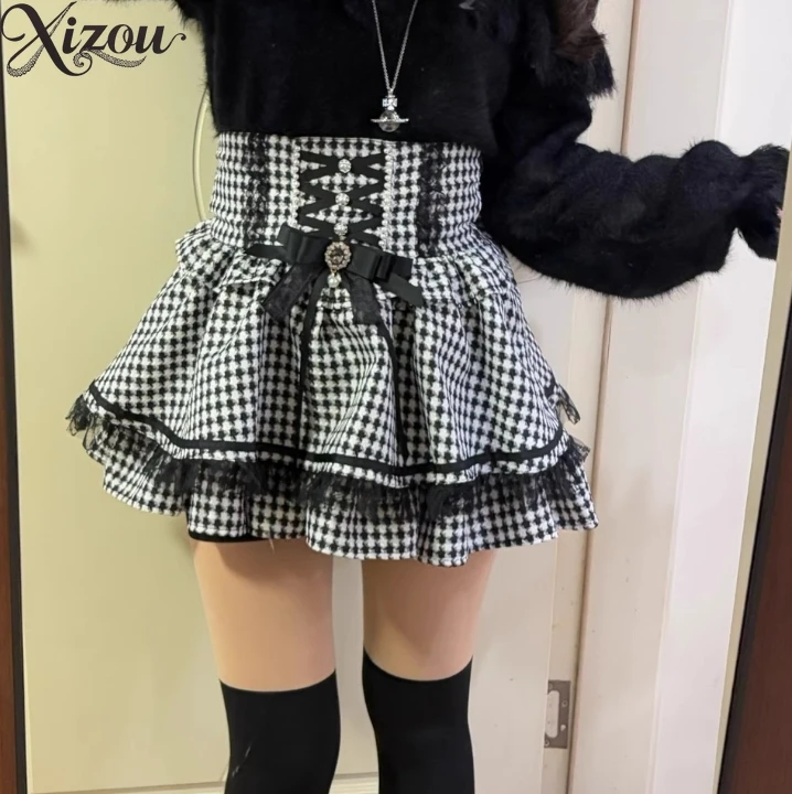

Lolita Skirts Japanese Mass Production Mine Lace Bow Pearl Plaid Summer Cute Sweet Girl Bow Kawaii Short Skirts Women