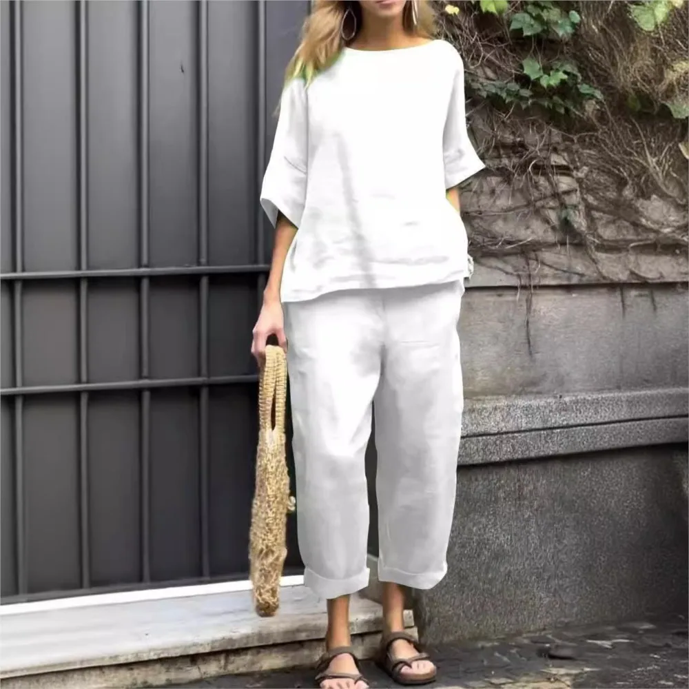 Conjunto de 2 piezas de algodón y lino para mujer, traje de camisa de manga de siete cuartos con cuello redondo, pantalones de Color sólido Retro