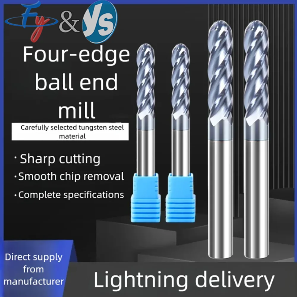 HRC62° 4 Flute Solid Carbide Ball Nose End Mill Coated Long Reach CNC Milling Cutter for Mold Machining 3D Contour Metalworking