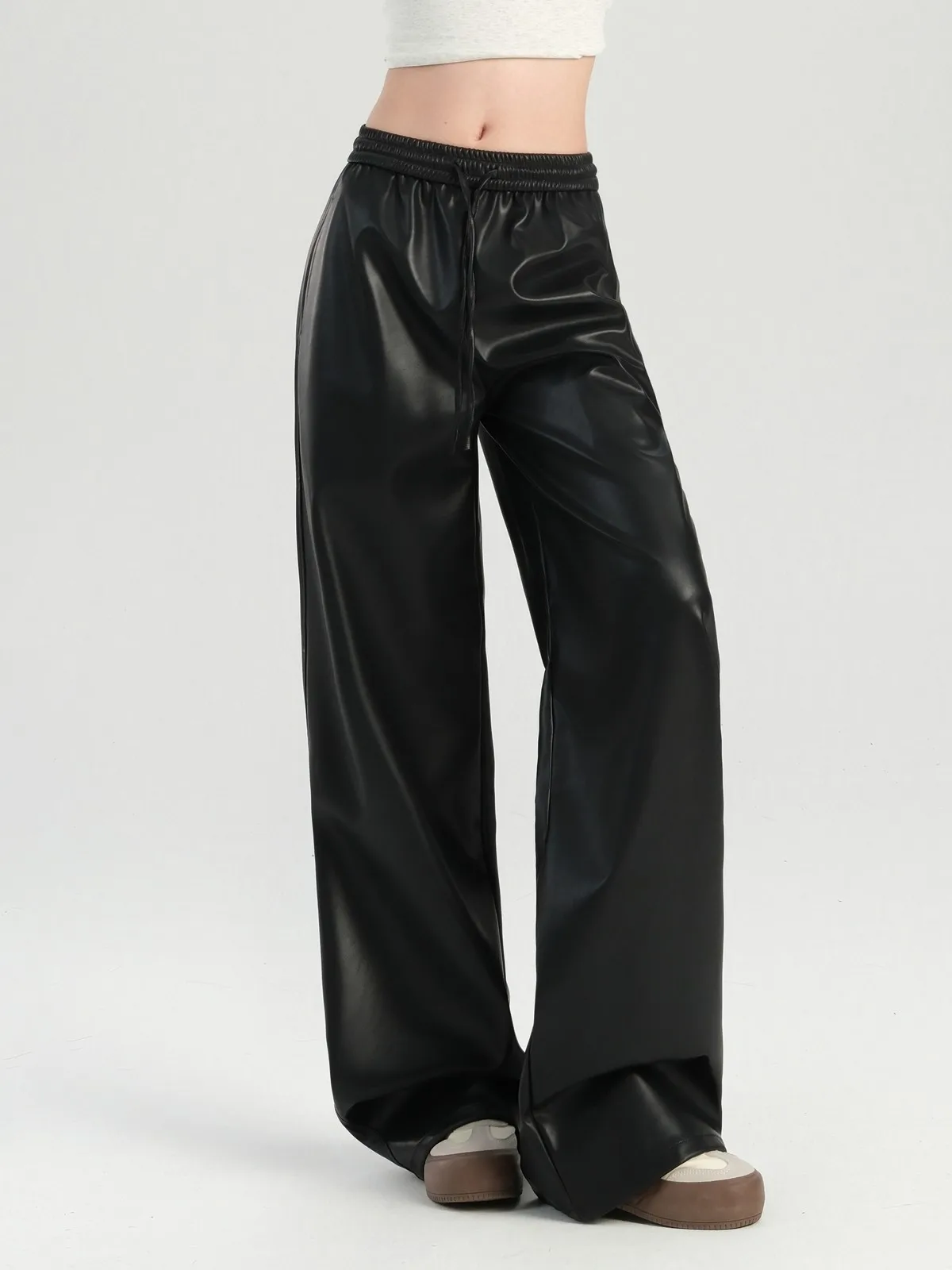 

ZHISILAO Black Pu Leather Pants Women Vintage Wide Leg Straight Trousers Autumn Winter 2024