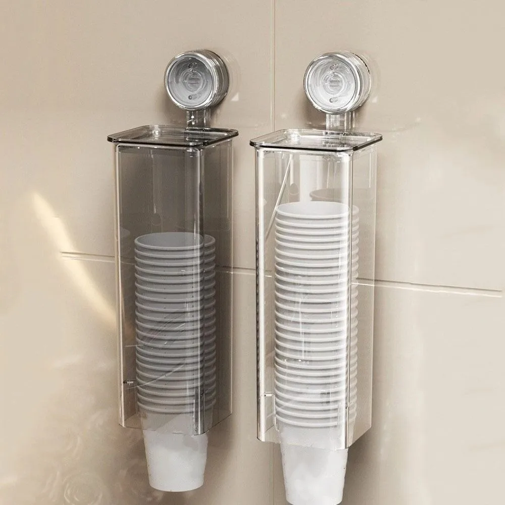 Suction Cup Disposable Cup Dispenser Clear Design Wall-mounted Paper Cup Storage Rack Dustproof Punch-free Cup Picker Home