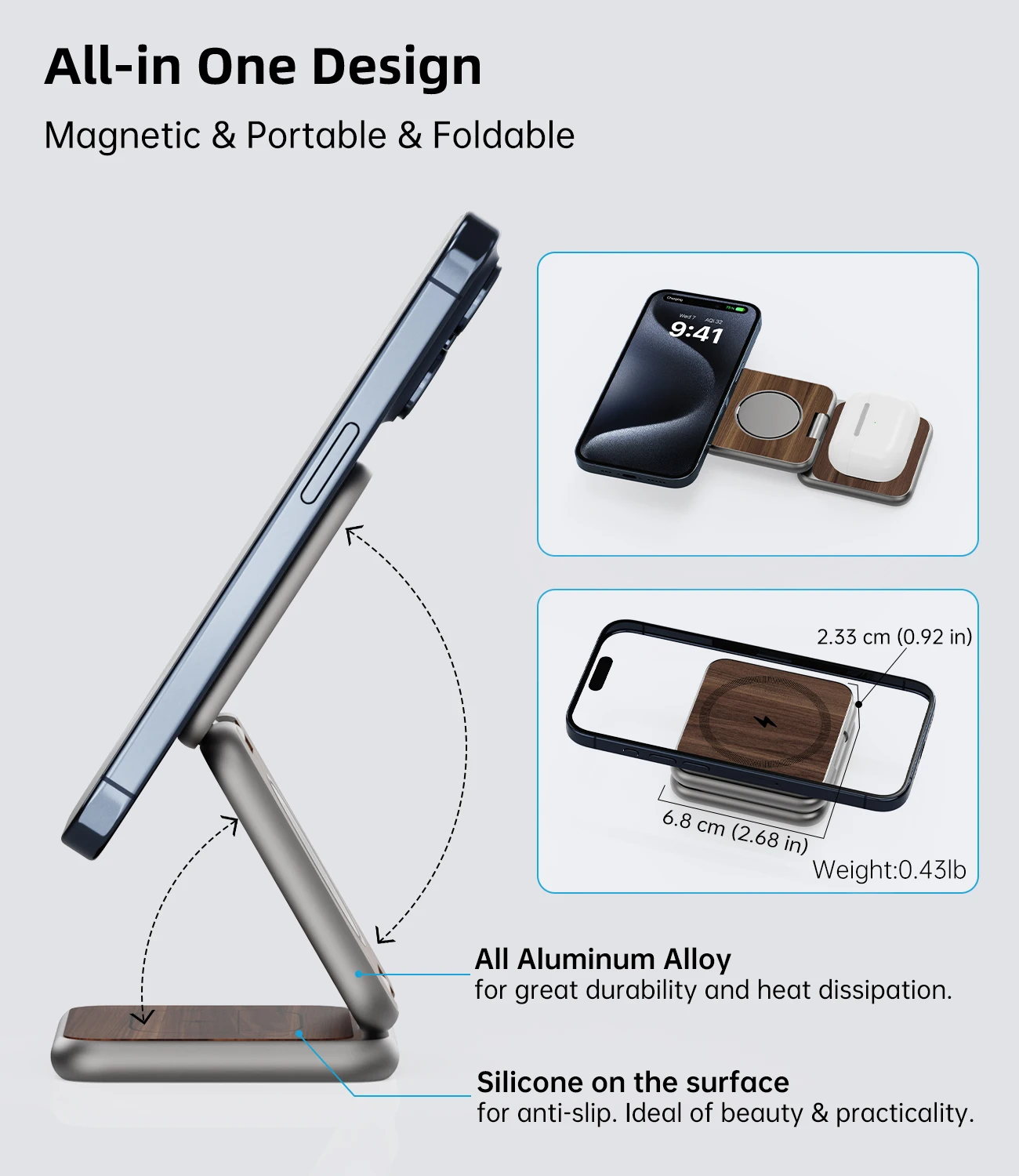 KUXIU X40 Foldable Magnetic Wireless Charger,Aluminum Alloy Charging Station for iPhone15 14 13 12 , for AirPods 3/2/Pro,iWatch9