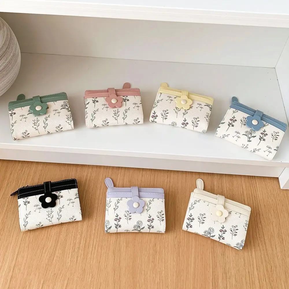 

Korean Style Flower Short Wallet Print Ultra Thin PU Leather Card Holder Short Clutch Multi-function Folding Card Bag Travel