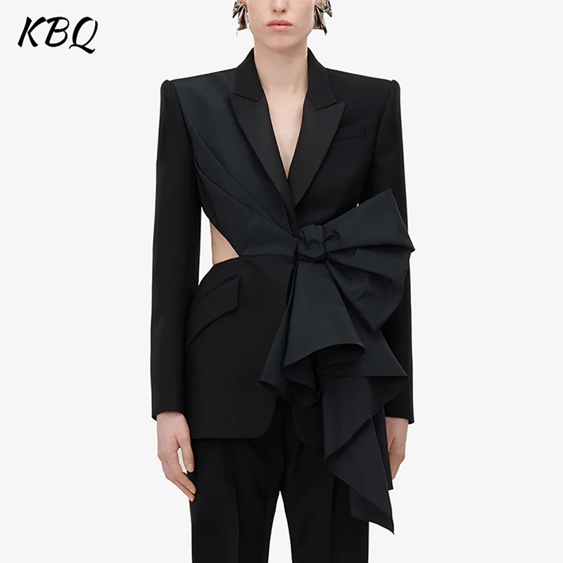 

KBQ Solid Patchwork Bowknot Hollow Out Blazer For Women Notched Collar Long Sleeve Tunic Temperament Slimming Blazers Female New