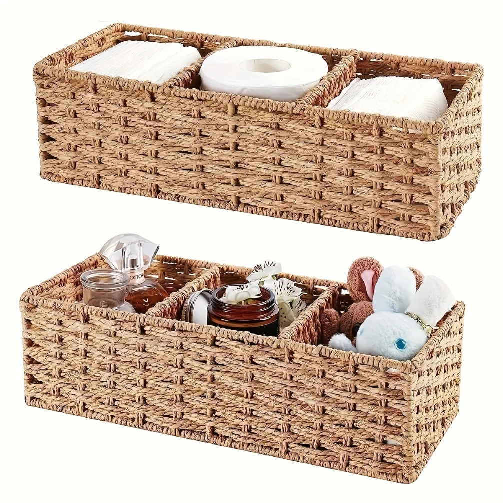 

1pc Woven Three-Compartment Storage Basket, Handmade Paper Rope & Willow Storage Bin, Toilet Tank Top Tissue Box Holder