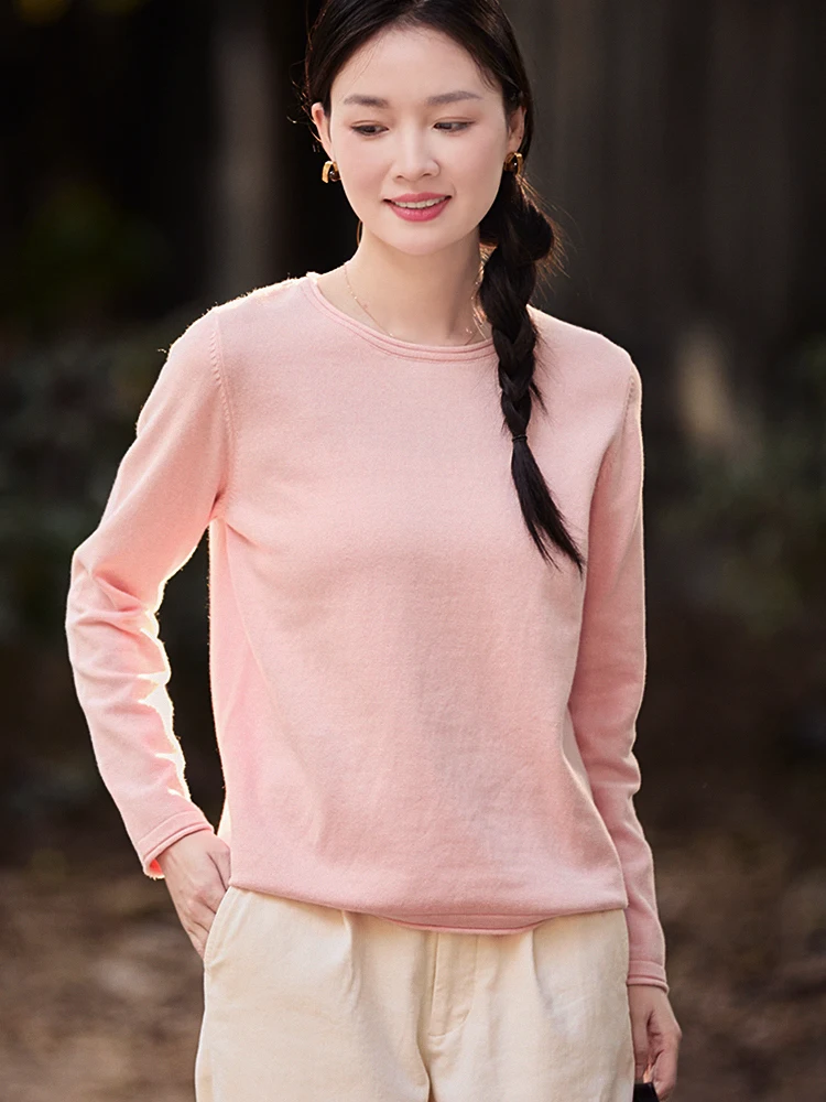 

Soft Comfortable Cotton Knitwear round Ne Cuffed Sve Women's Base irt Slimming Sweater Casual Versatile Spring Faion