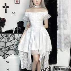 White Floral Lace Appliques Off Shoulder Short Sleeve Sweet Lolita Victorian Dress Women Gothic Clothing Halloween Party Costume