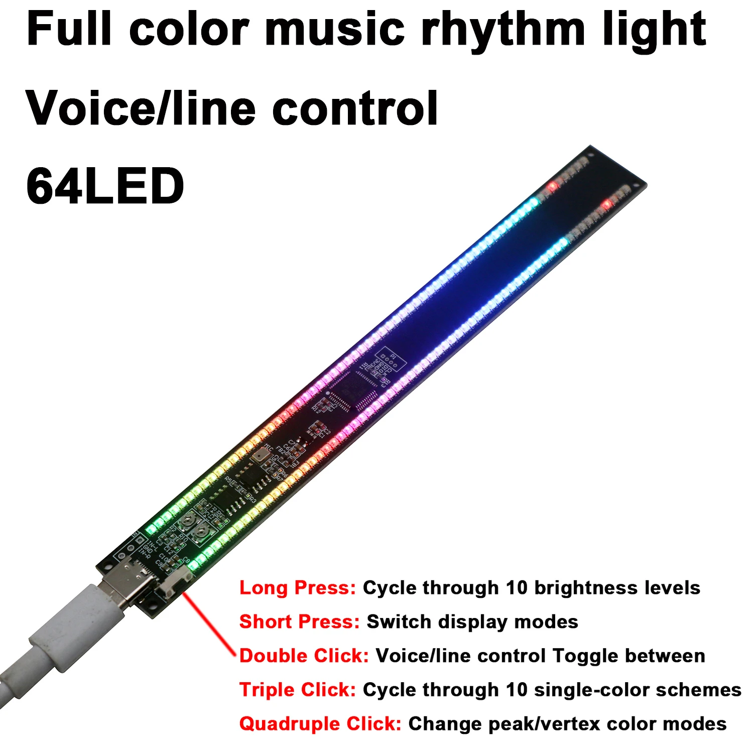 TYPEC USB 64 LED Stereo Music Spectrum Display Audio Level Indicator Full Color RGB Music Rhythm Light Atmosphere Lamps VU Meter