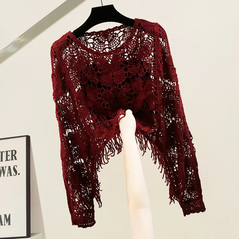 

Faionable Heavyweight Fringed Batwing Sve Knitted irt Design Sensual Two-Piece Set Long Sve Korean Sle Top Trendy
