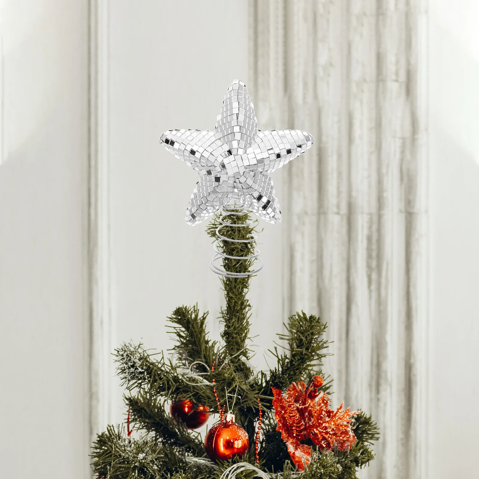 

15Cm Disco Ball Star Tree Topper Christmas Ornament Reflective Mirror Glass Decoration Sparkle Holiday Treetop Decor for Xmas