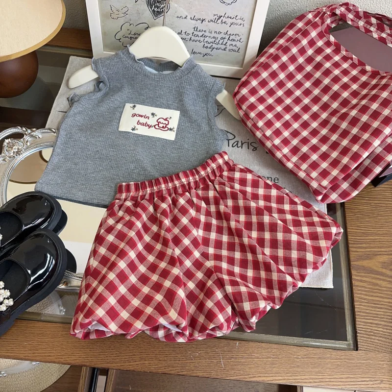 

Girls' Suit Summer2025New Cartoon PrintingTT Shirt Plaid Shorts Two-Piece Set Free Bag