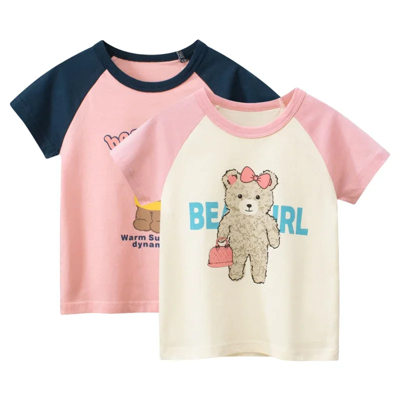 2025 Children's Clothing Summer New Girls Cartoon Bear Short-sleeved T-shirt Letter Printing Kids Clothes