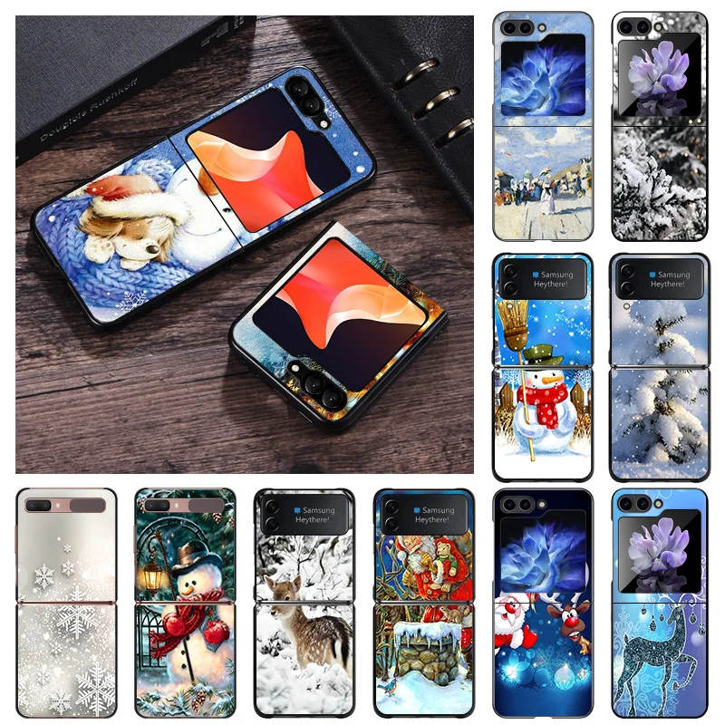 Black Matte Phone Case For Samsung Galaxy Z Flip6 Flip 6 5 4 3 Flip3 Flip4 Flip5 5G Christmas ICE Snowman Hard Shell Cover