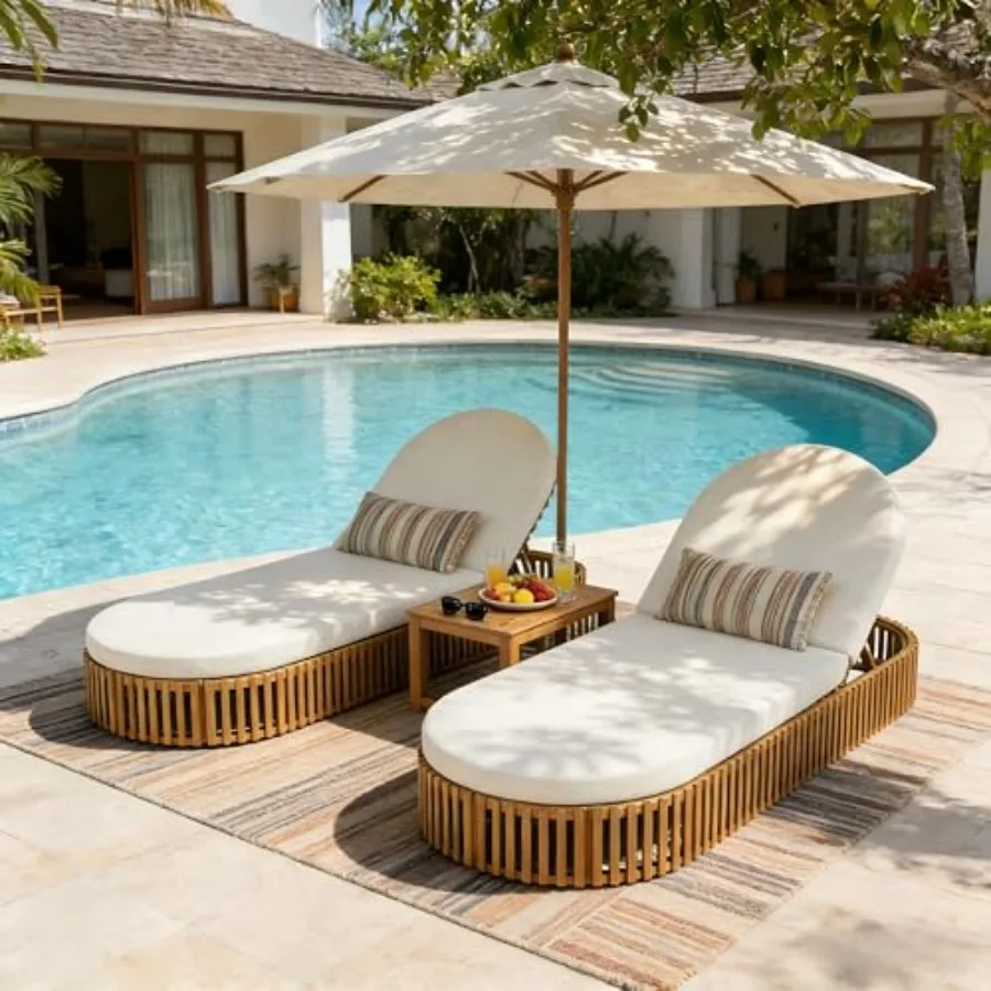 

Acacia Wood Chaise Lounge Set of 2 with Curved Cushion, Outdoor Sun Lounger for Patio, Poolside and Garden, Teak Finish Wood Re