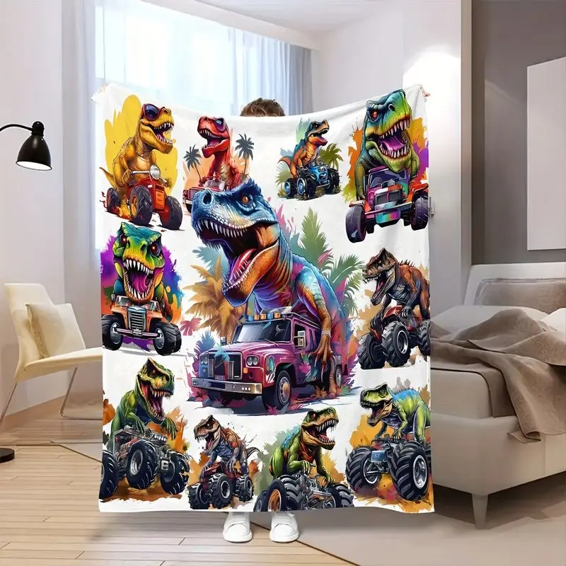 VIKAMA Cool Dinosaur Off-Road Truck Print Throw Blanket Flannel Warm All Season Boys Travel Camping Sofa Bed Gift Cover Blanket