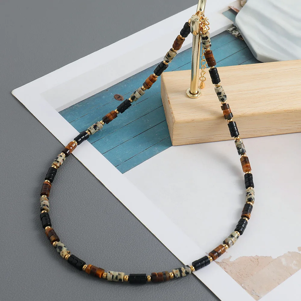 Maillard style natural tiger eye stone handmade bead necklace with artistic retro design and speckled stone collarbone chain