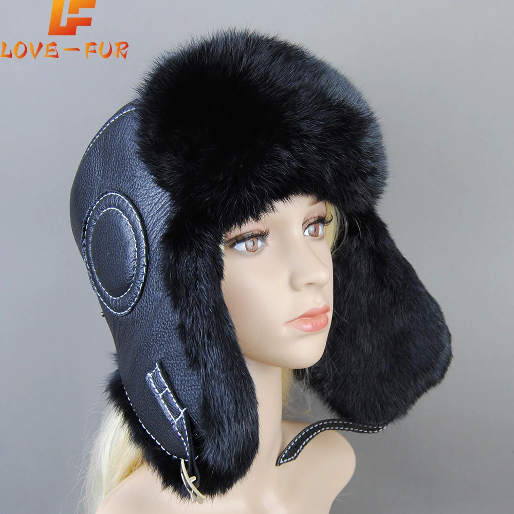 

Hot Sale Winter Women's 100% Real Rabbit Fur Bomber Hat Ushanka Cap Trapper Russian Woman Ski Hats Caps Real Sheepskin Leather