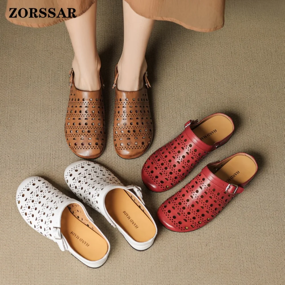 Mules Vintage Perforados con Tira Trasera para Mujer, Sandalias de Cuero Genuino Transpirables con Punta Cerrada, Zapatos de Verano Cómodos con Tacón Bajo