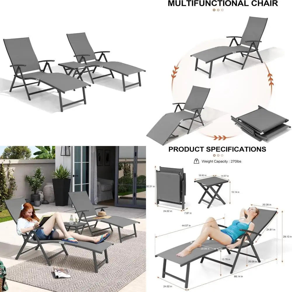 2-Piece Outdoor Aluminum Folding Chaise Lounge Set with Adjustable Recliner and Side Table, Patio Relaxation Furniture