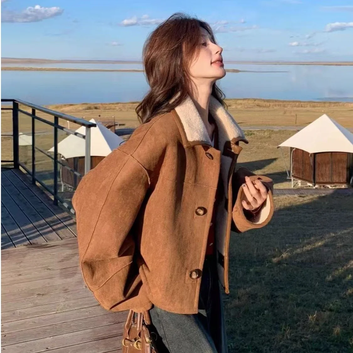 

Hong Kong Style Double-sided Top Women's Autumn and Winter 2025 New Short Style Western-style Spring and Autumn Sheep Jacket