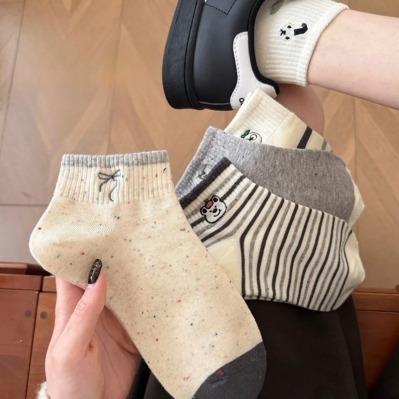 

5 Pairs Summer Fall New Women's Low-Cut Cotton Socks Striped Korean-Style Gray Cute Ankle Socks High Quality Girl School Socks