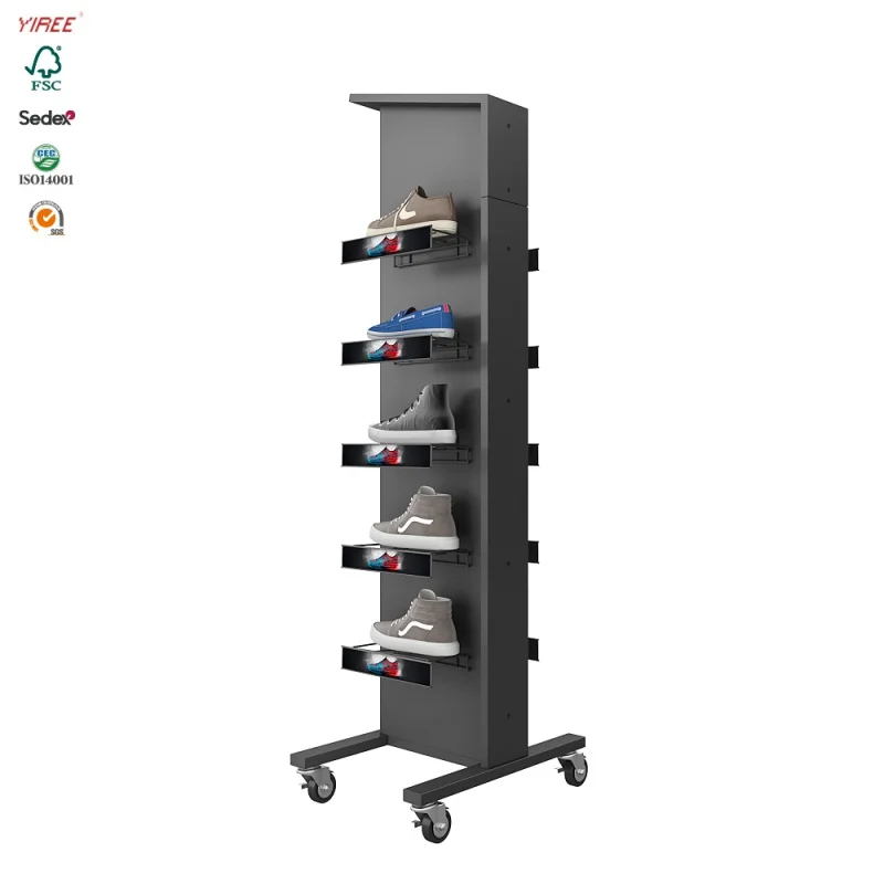 

custom.Factory sell footwear shop fittings metal double side hanging shoes display rack with mobile wheels