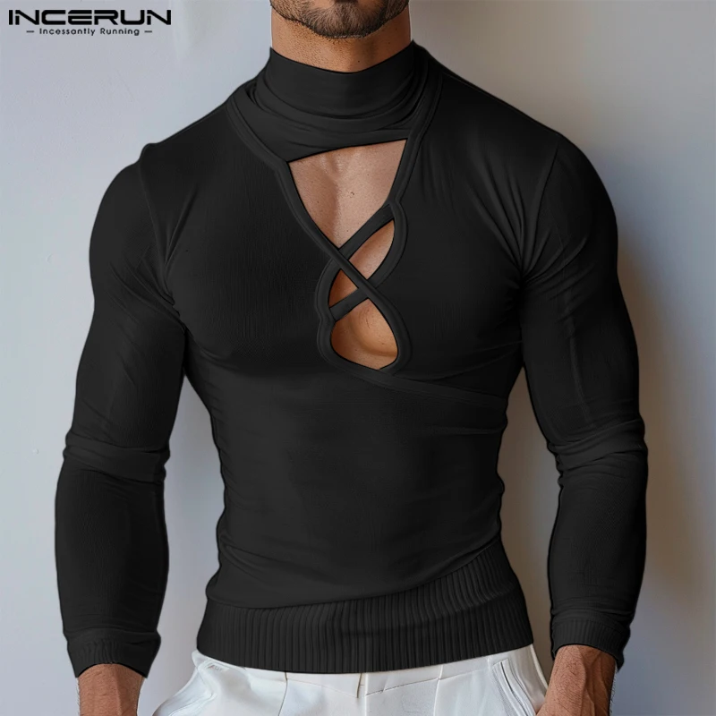 Fashion Well Fitting Tops INCERUN Men Hollow Cross Design T-shirts Casual Sexy Male Solid High Neck Long Sleeved Camiseta S-5XL