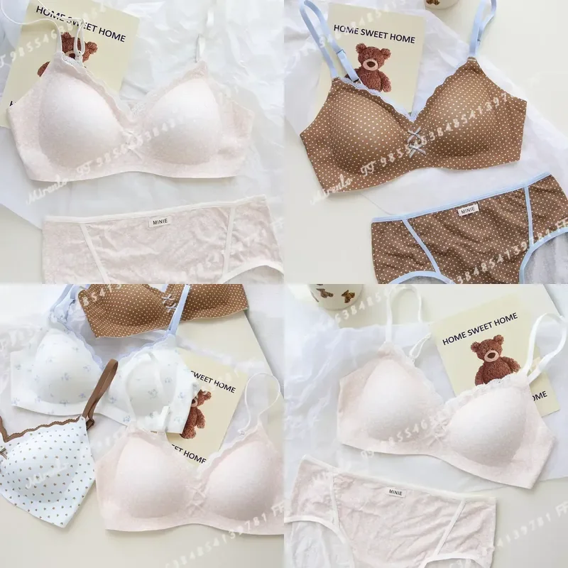 Floral Print Soft Lace Modal Lingerie Set Teen Small Bust Push Up Seamless Wireless Bra Comfortable Underwear for Women