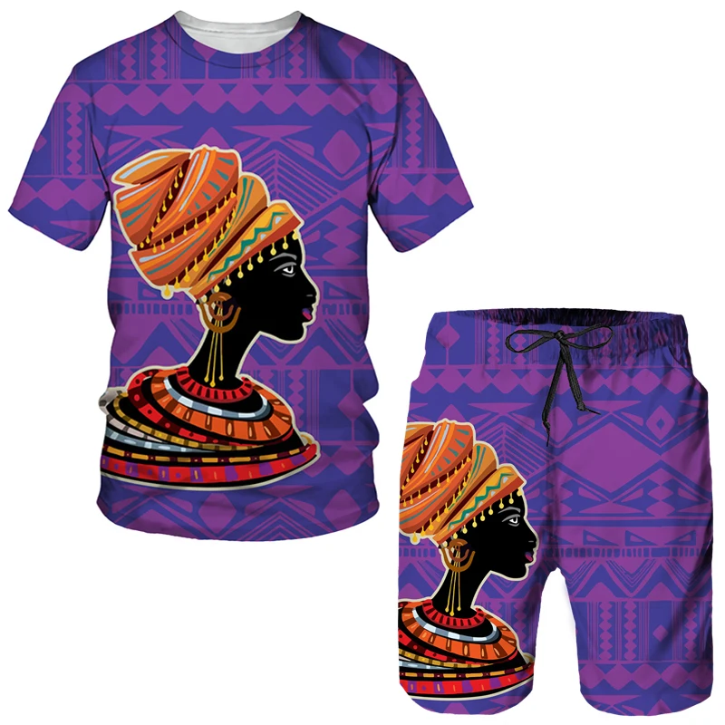 African Girls 3D Print Ethnic Style Kids Sets Fashion T-Shirts Beach Board Shorts Tees Tops Vintage Boys Girls Sportswear Suits