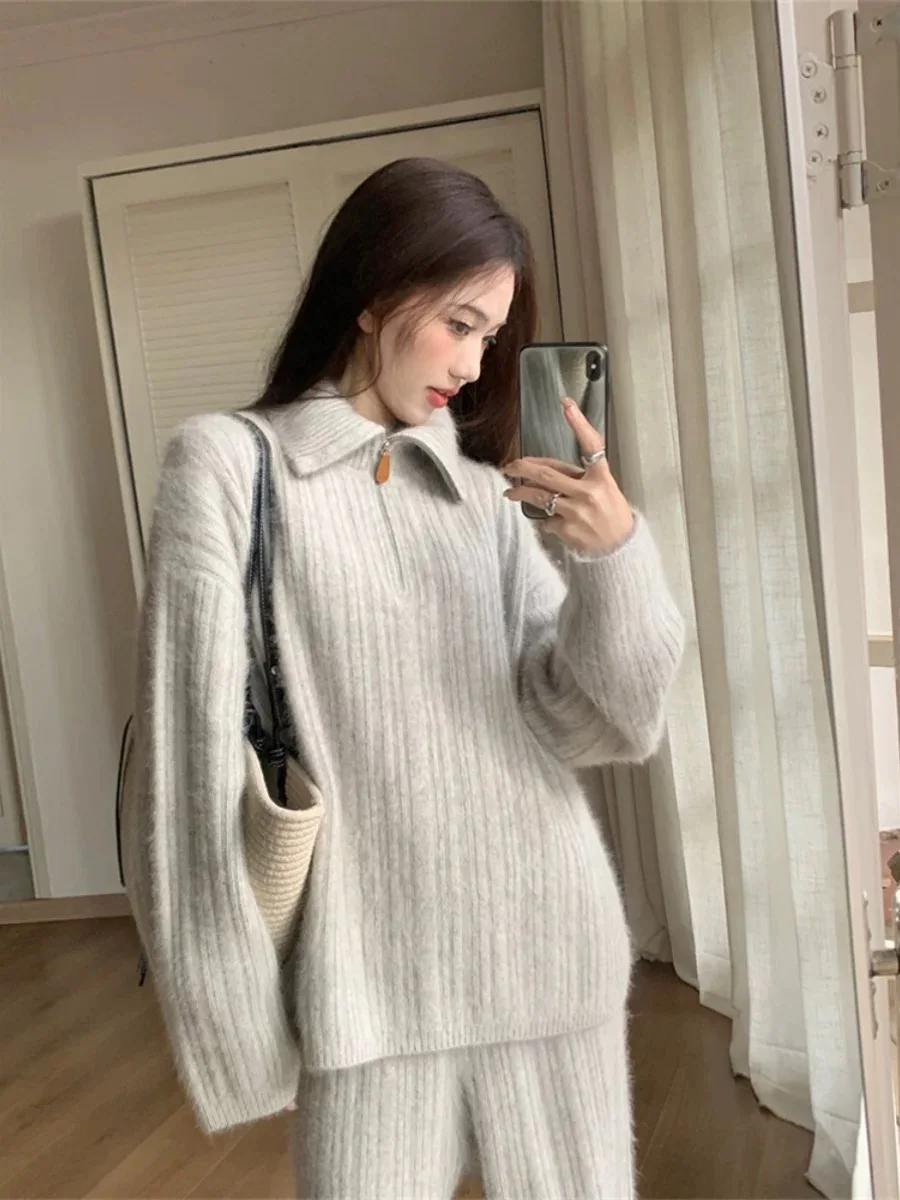 Sporty Style Knitted Two-piece Set Women Stand Collar Cashmere Zipper Sweater Tops With Wide Leg Pants 2024 Autumn Winter N325