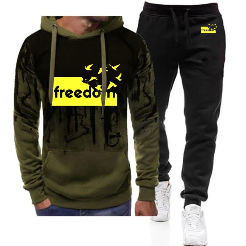 

The Freedom с буквенным принтом 2025 года, мужские новые весенне-осенние комплекты из 2 предметов с градиентом, толстовки + брюки, спортивный костюм, модная одежда
