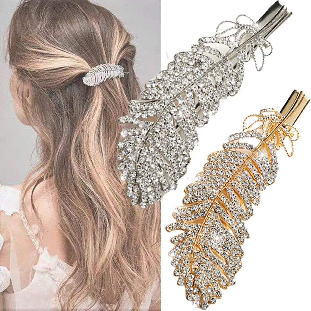 Shiny Feather Shape Hair Clip Alloy Rhinestone Hair Barrette Women Hairpin Head Wear For Dating Birthday Gift