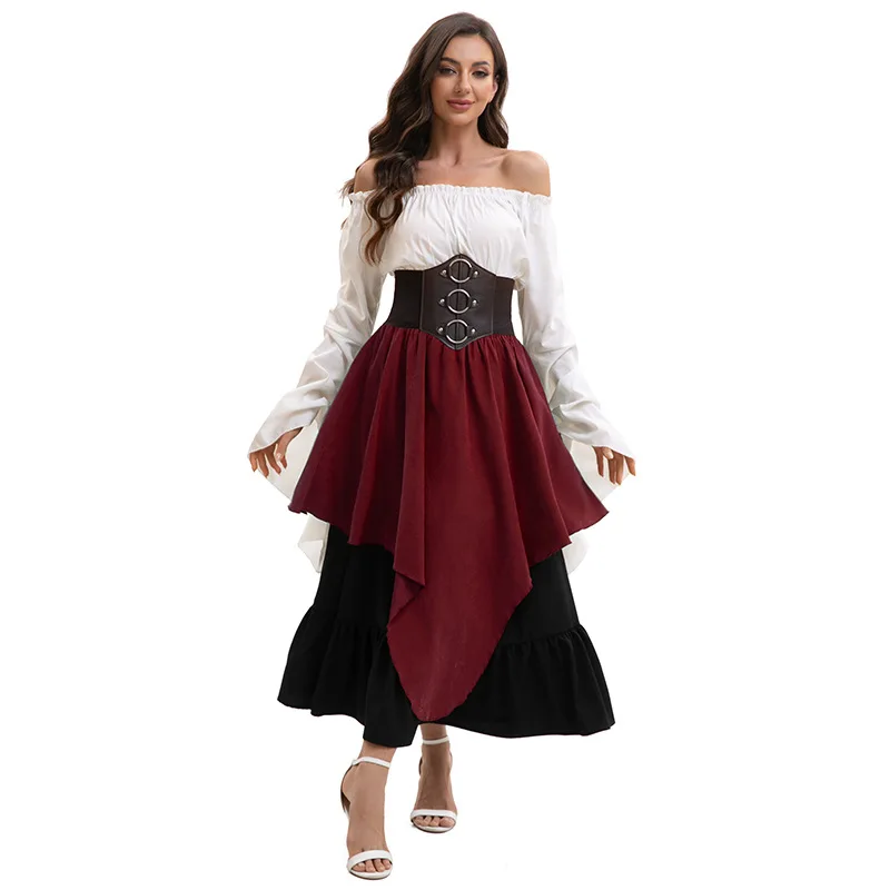 Summer women's retro medieval large skirt with red and white checkered irregular half skirt, long skirt, top, waist cinching set