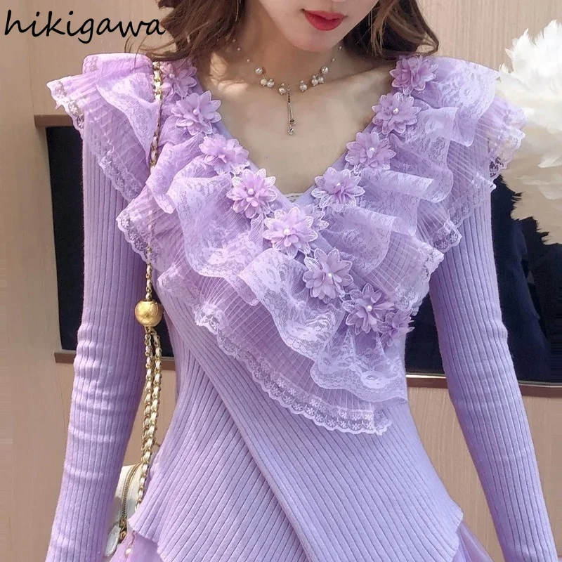 Fashion Sweaters Women Pullover Heavy Bead Lace Jumper Slim Sweater Sueter De Mujer V-neck Irregular Knit Pullovers Ruffles Tops