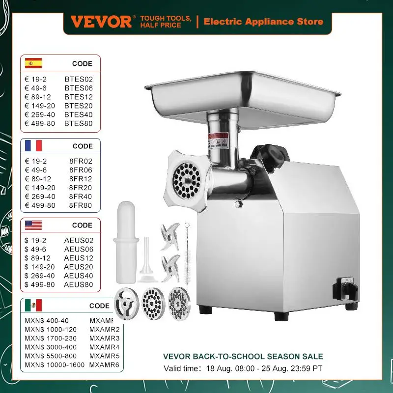 

VEVOR Electric Industrial Meat Grinder 650W/1100W 2 Blade 2 Grinding Plates Sausage Maker for Home Commercial