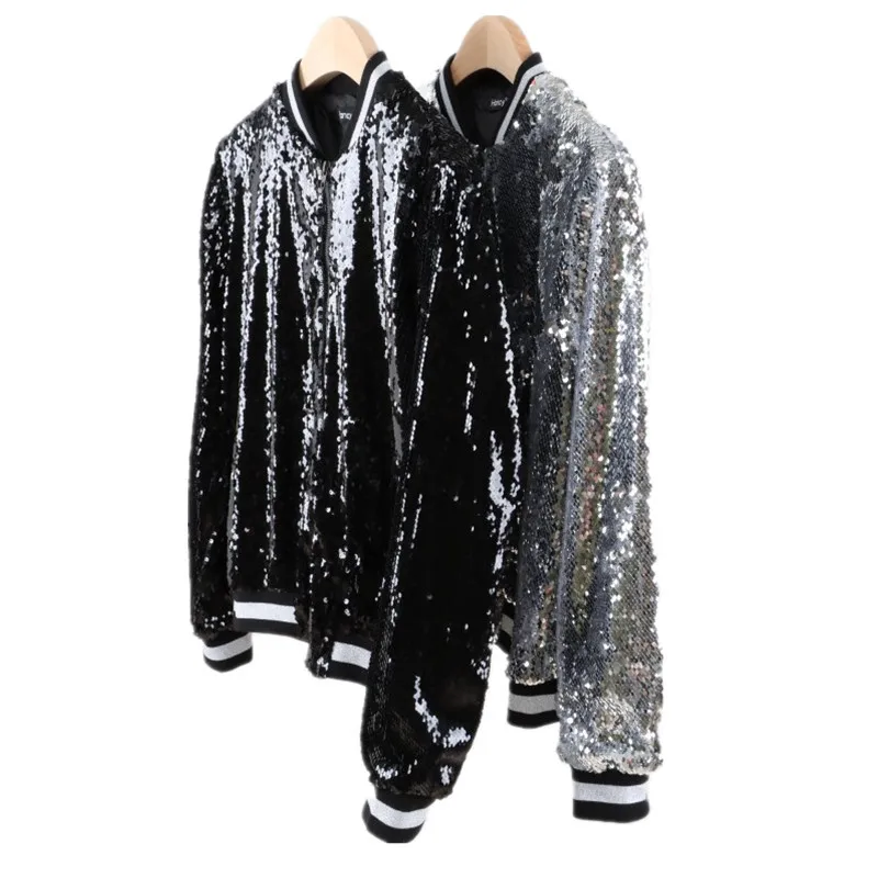 

Women's Zipper Jaet Sequin Oversized Baseball Sle Ribbed Cuff ort Coat Bright Color Blo Design Polyester Fiber