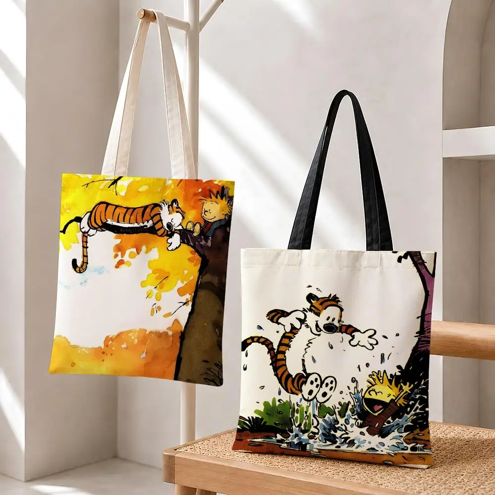 Animation Calvin and Hobbe Storage Bags Fashion Cotton 12/16oz Canvas Tote Bag Eco Friendly Reusable Large Capacity Shopping Bag