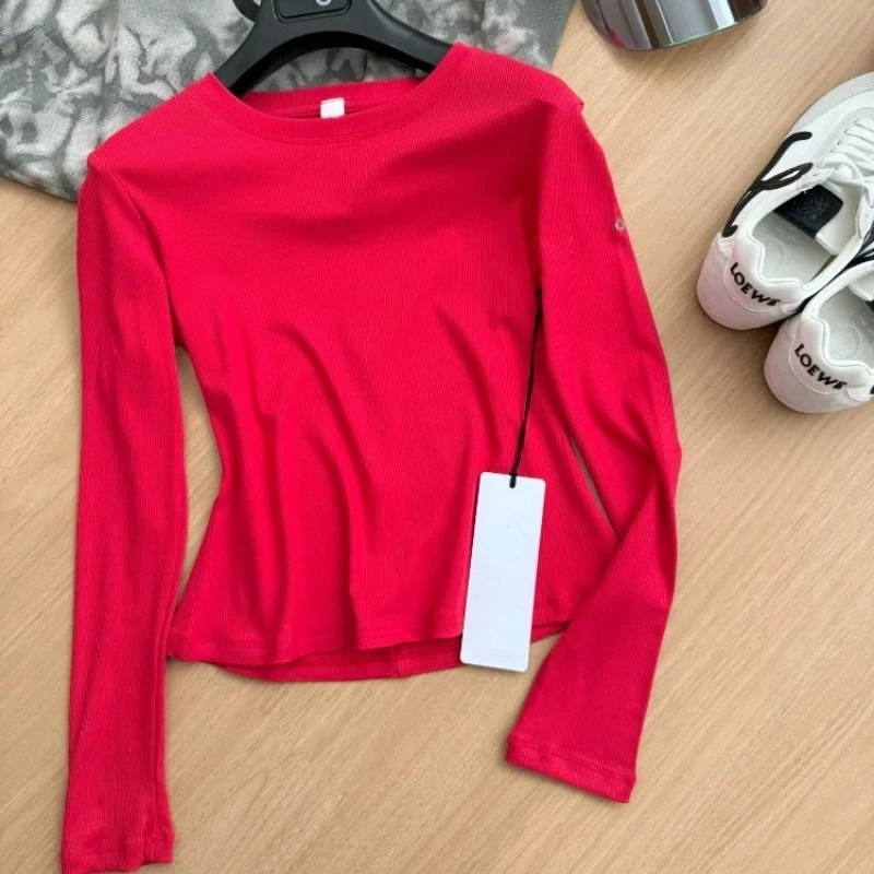 

Female Slimming Design Base Shirt Simple Sports Leisure Long Sleeved T-shirt Summer Temperament Commute Round Neck T-shirt