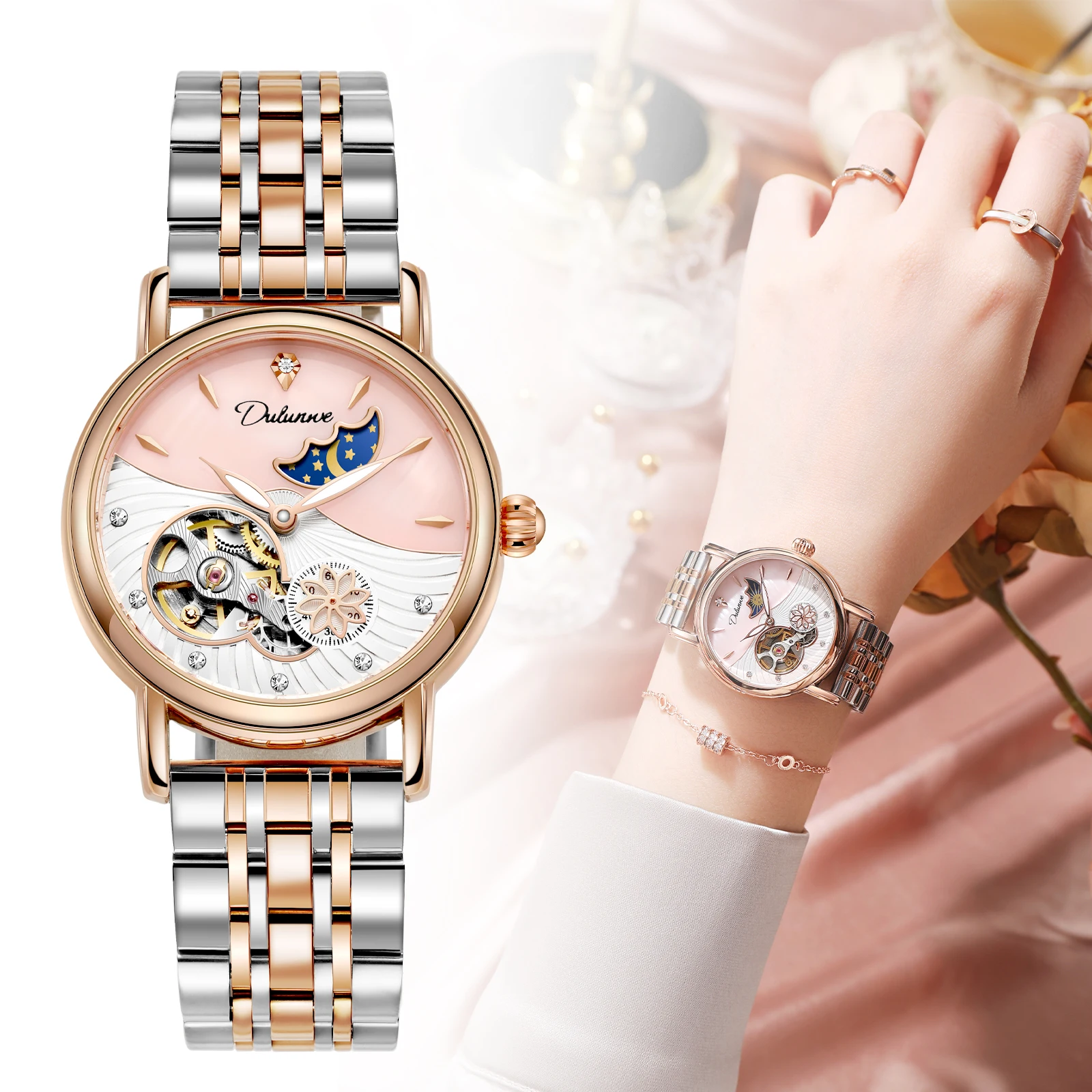 Dulunwe Elegant Women's Wristwatches Mechanical Self-Winding Movement Fashion Exquisite Design 30M waterproof