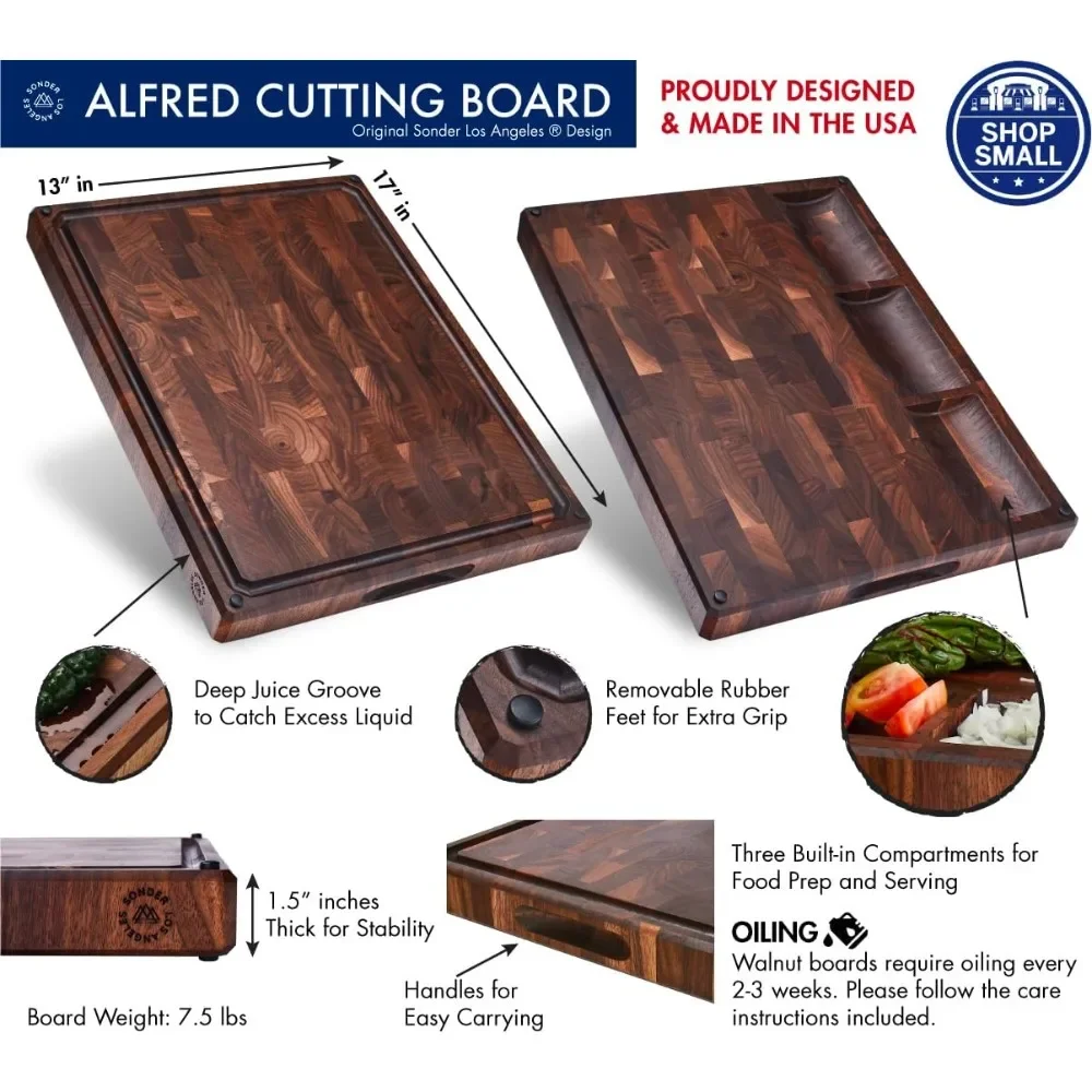 Made in USA, Large Thick End Grain Walnut Wood Cutting Board with Non-Slip Feet, Juice Groove, Sorting Compartments for Kitchen