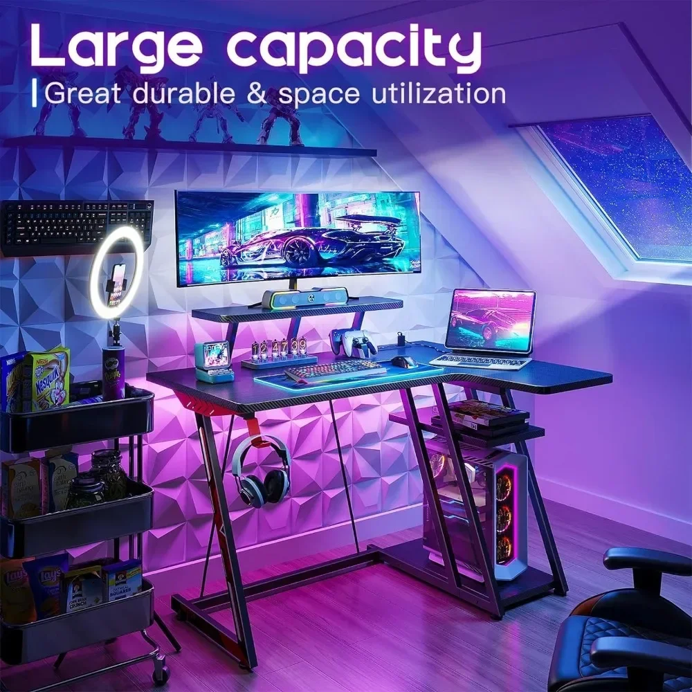 L Shaped Gaming Desk with LED Lights, Small Corner Computer Desk 39inch with Power Outlets, Gaming Table with PC Storage Shelf