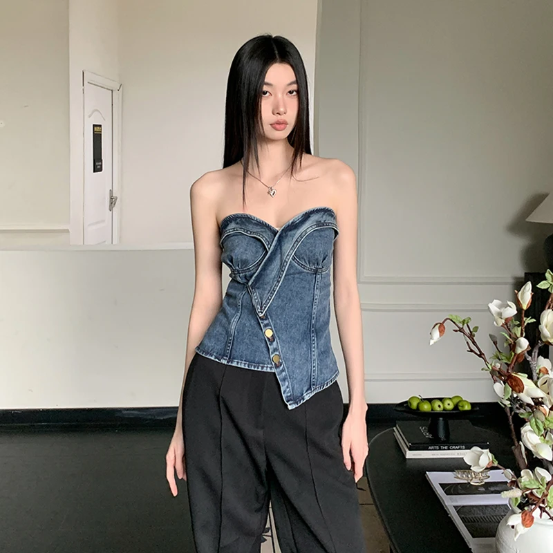 

Irregular Jean Strapless Hot Girl Retro One-Piece Style Cropped Top Sexy Denim Shirts Women Slim Outfit Summer New 2024 Fashion