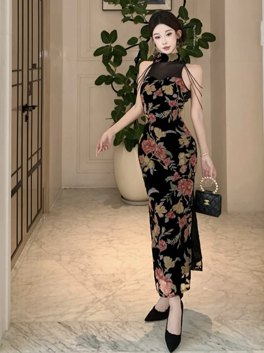 المرأة الصينية الأزهار شبكة طويلة شيونغسام الوقوف شير شرابة Bodycon الجانب الشق فستان ماكسي للإناث حفلة موسيقية المضيف فساتين أنيقة